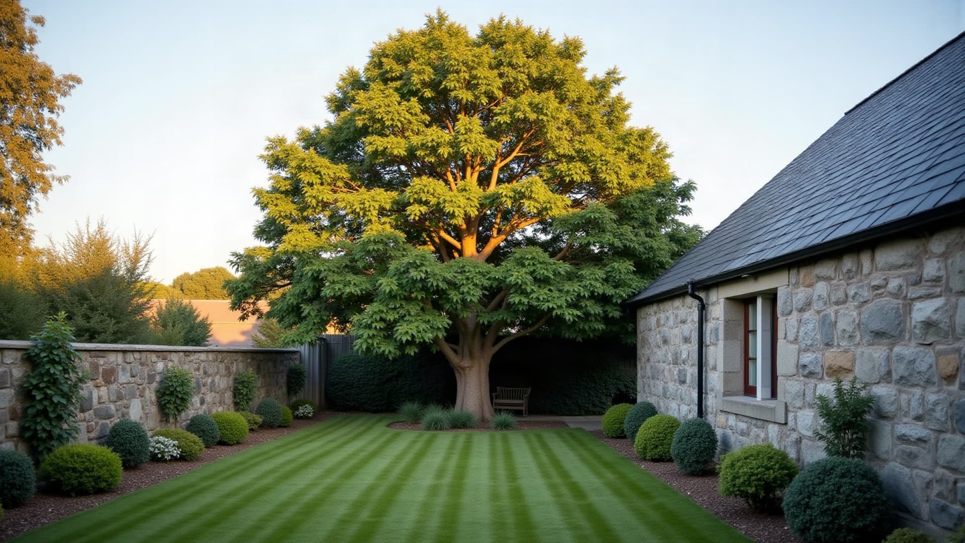Arbre de jardin fraîchement élagué et rééquilibré, pelouse tondue et allée nettoyée